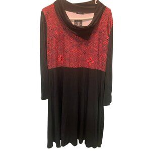 Reborn New York Womens 1X Plus Black & Red Long Sleeve Dress Tunic With Paisley